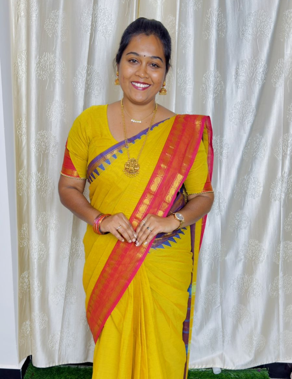 Mustard yellow-Chettinad Cotton plain Saree with Retta petta Ganga Jamuna Border