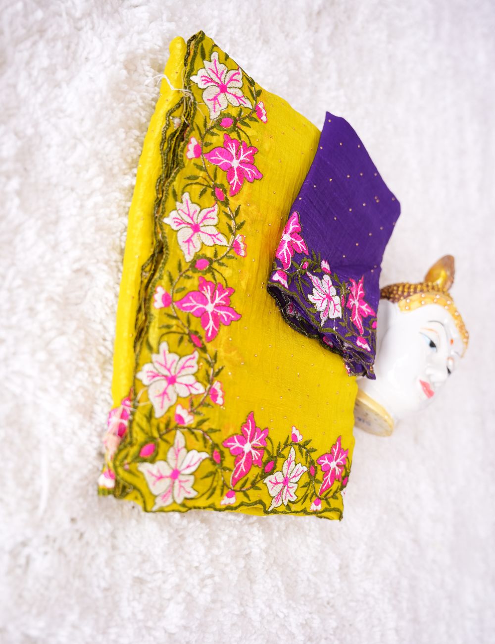 Yellowish Green and Dark purple embroidery crunchy crush chiffon saree