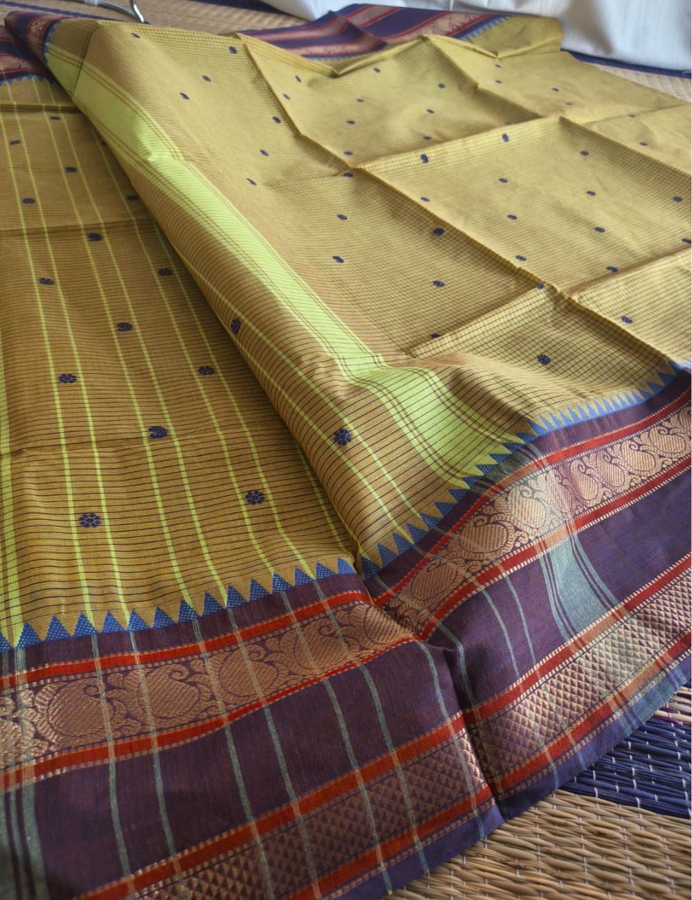 Chettinad cotton sarees with zari border and buttas ( Elachy Green)