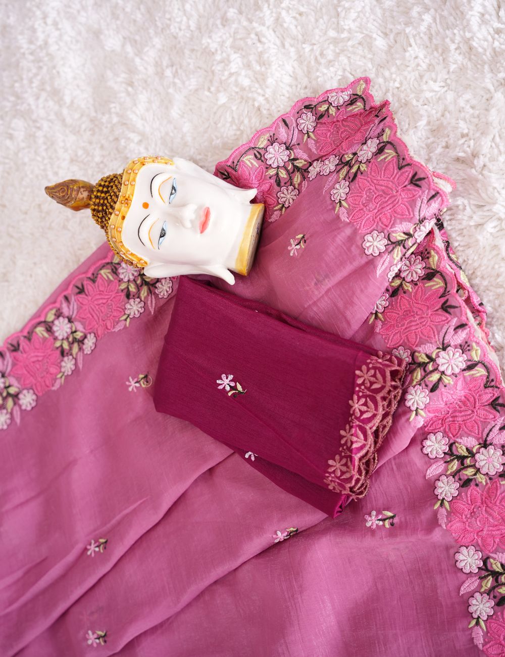 Pink color Embroidery Crunchy crush chiffon saree with scallop border