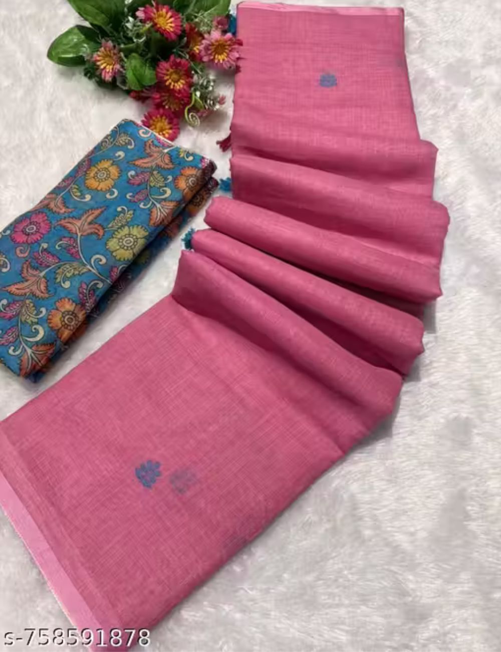 Pink and sky blue linen cotton saree with pen kalamkari pallu and contrast blouse