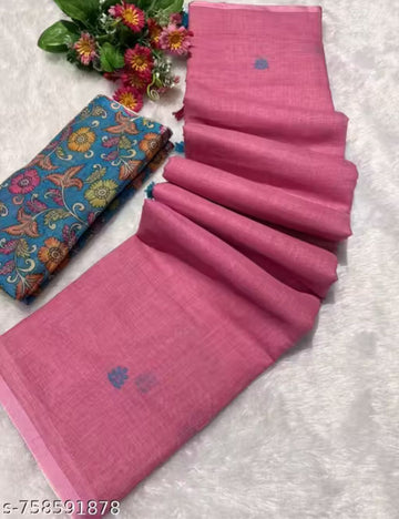 Pink and sky blue linen cotton saree with pen kalamkari pallu and contrast blouse