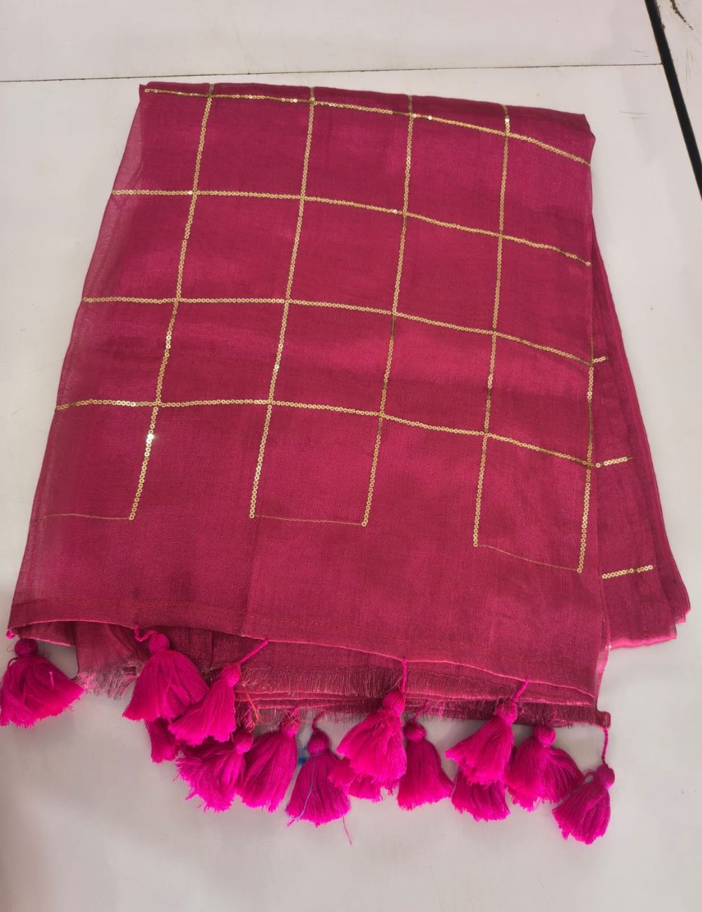 Mulmul Sequence Rani pink tissue Saree with beautiful tussels