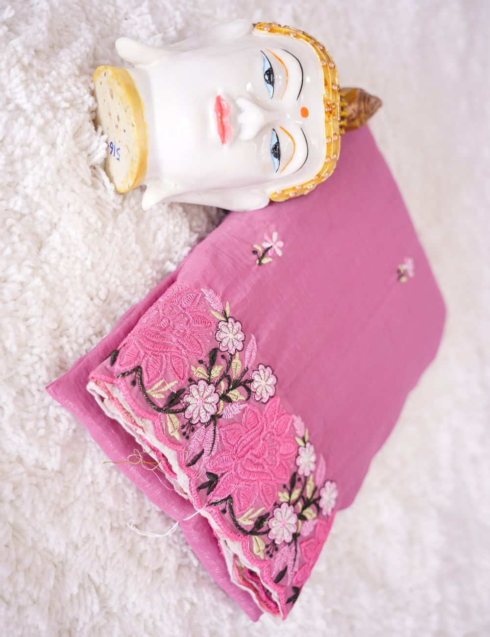 Pink color Embroidery Crunchy crush chiffon saree with scallop border