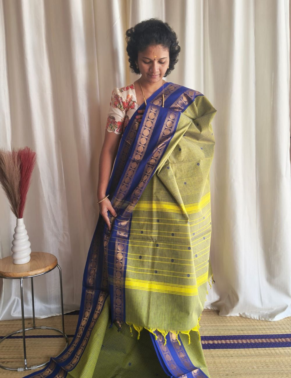 Chettinad cotton sarees with zari border and buttas( Light Green )