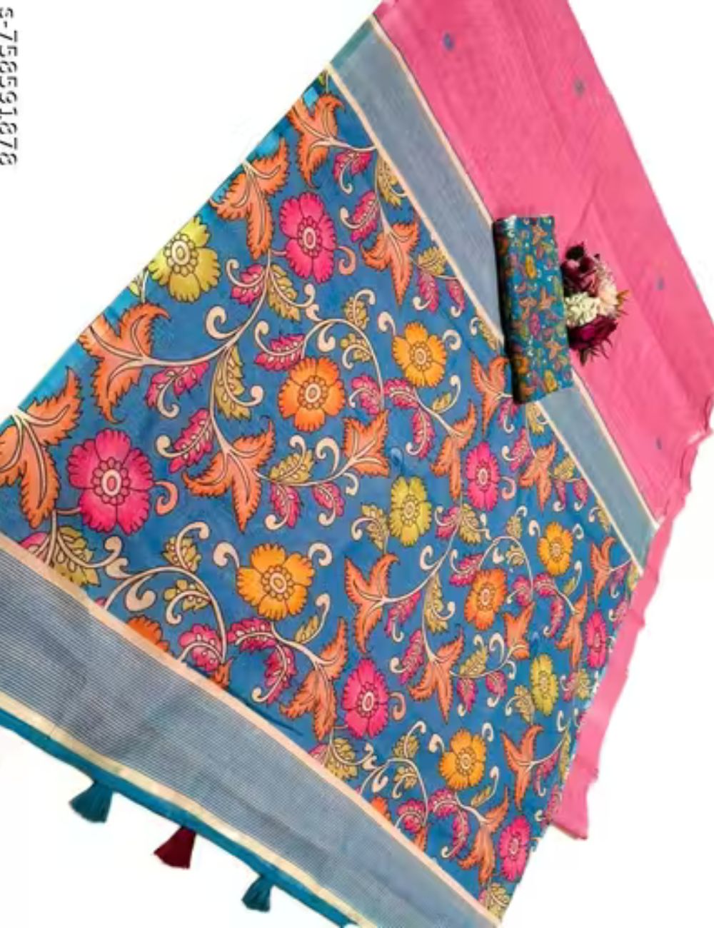 Pink and sky blue linen cotton saree with pen kalamkari pallu and contrast blouse