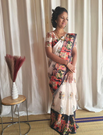 Kalamkari printed tussar saree (Cream)