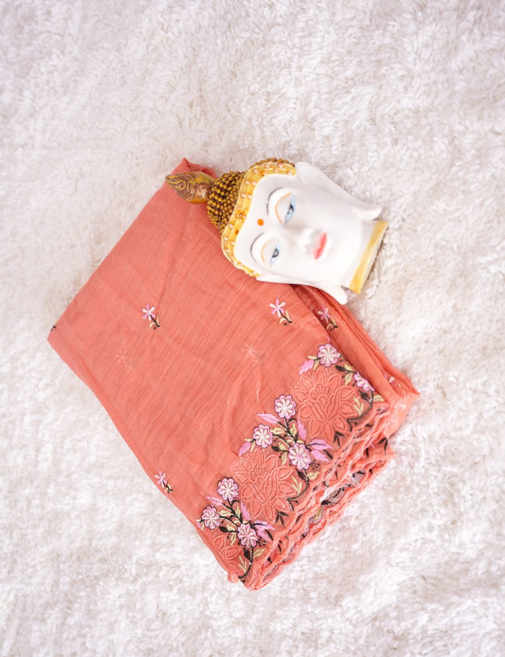 Pastel Orange color Embroidery Crunchy crush chiffon saree with scallop Border