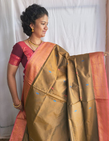 Vaazhai Naar Pattu ( Mehndi  brown and pink)