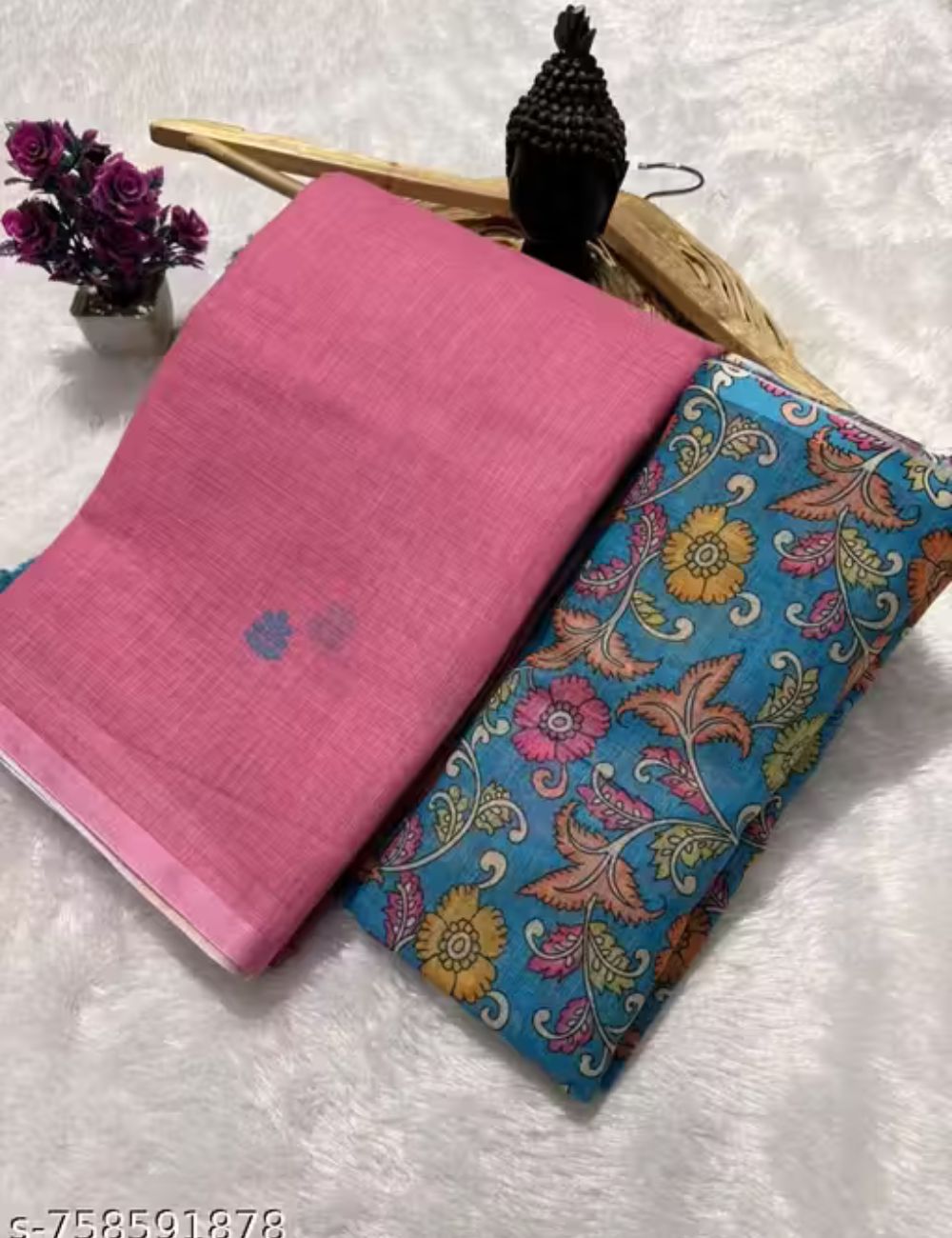 Pink and sky blue linen cotton saree with pen kalamkari pallu and contrast blouse