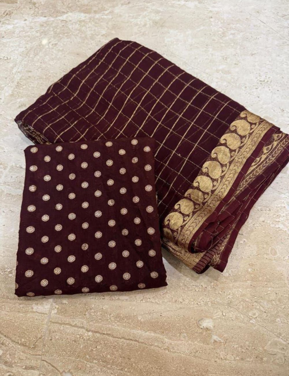 Premium Viscose Georgette Saree checks zari With Dola Viscose Blouse Chocolate Brown