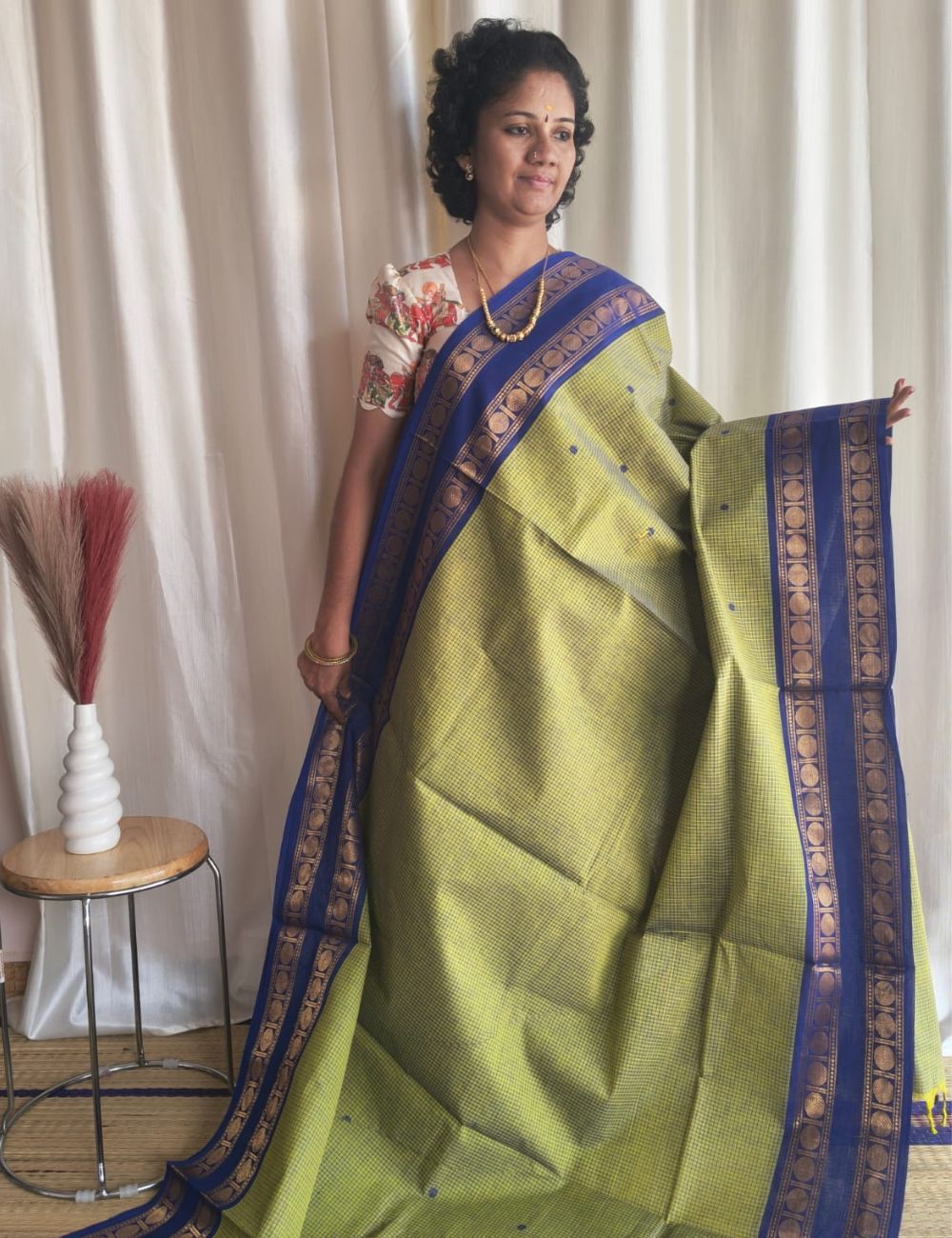 Chettinad cotton sarees with zari border and buttas( Light Green )