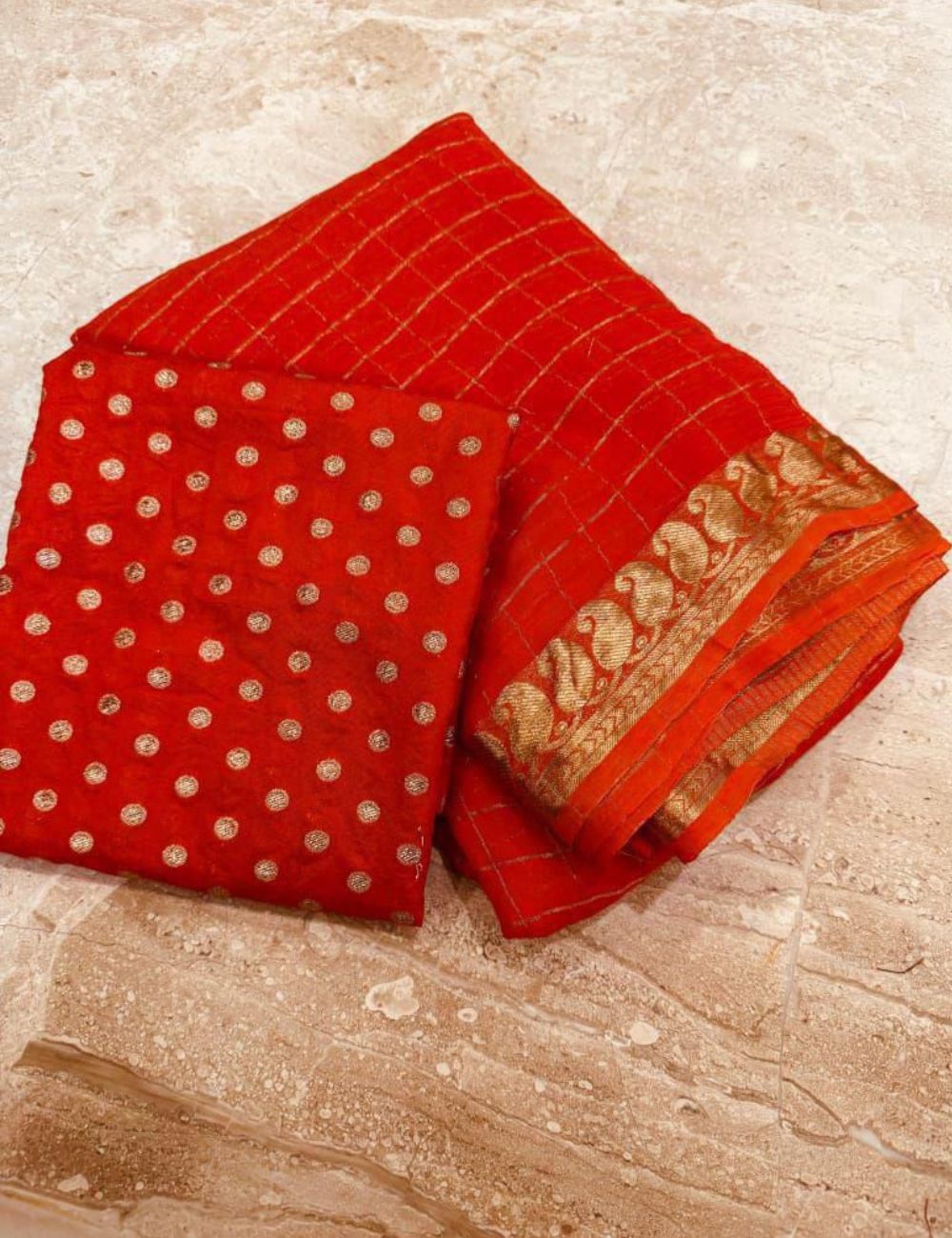 Premium Viscose Georgette Saree checks zari With Dola Viscose Blouse Red