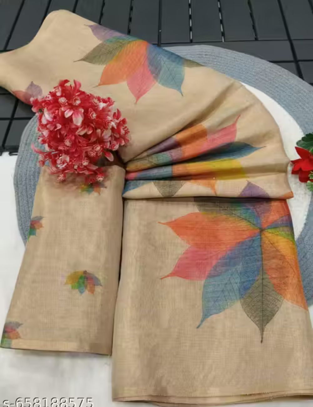Golden floral printed tissue saree
