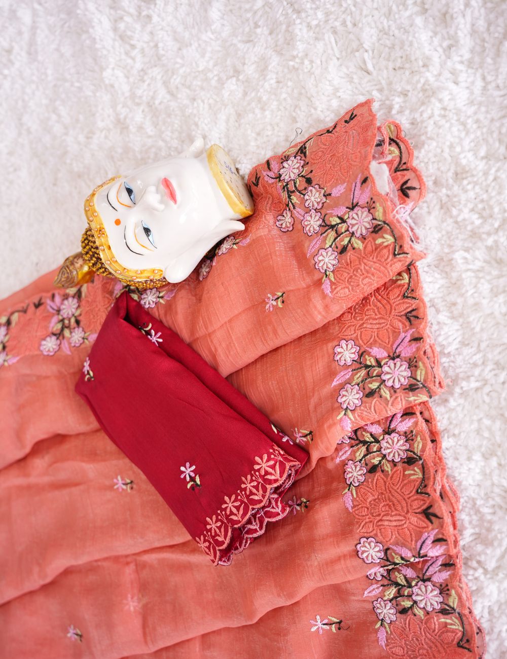 Pastel Orange color Embroidery Crunchy crush chiffon saree with scallop Border