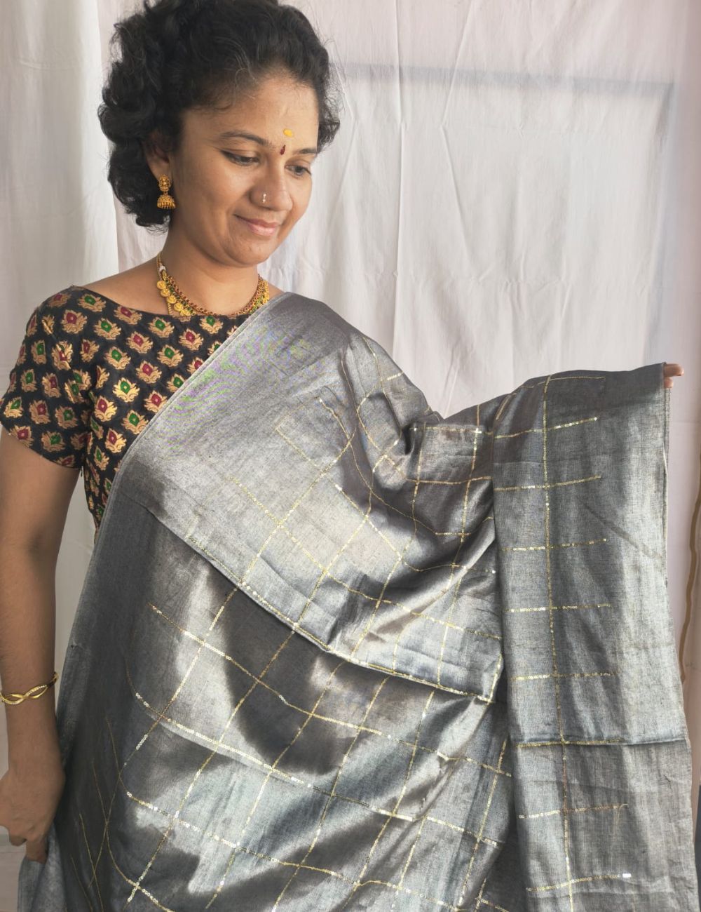 Mulmul Sequence Grey tissue Saree with beautiful tussels