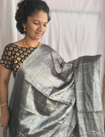 Mulmul Sequence Grey tissue Saree with beautiful tussels
