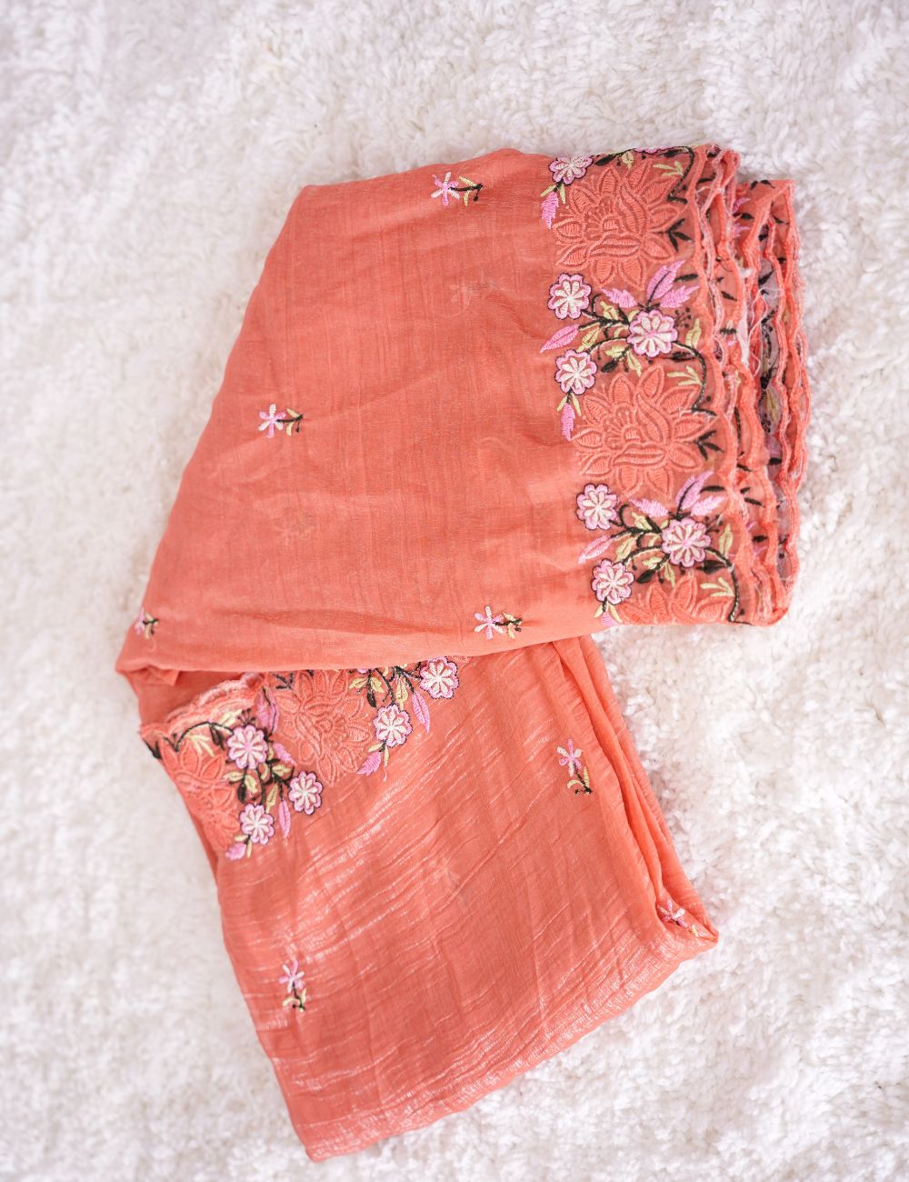 Pastel Orange color Embroidery Crunchy crush chiffon saree with scallop Border