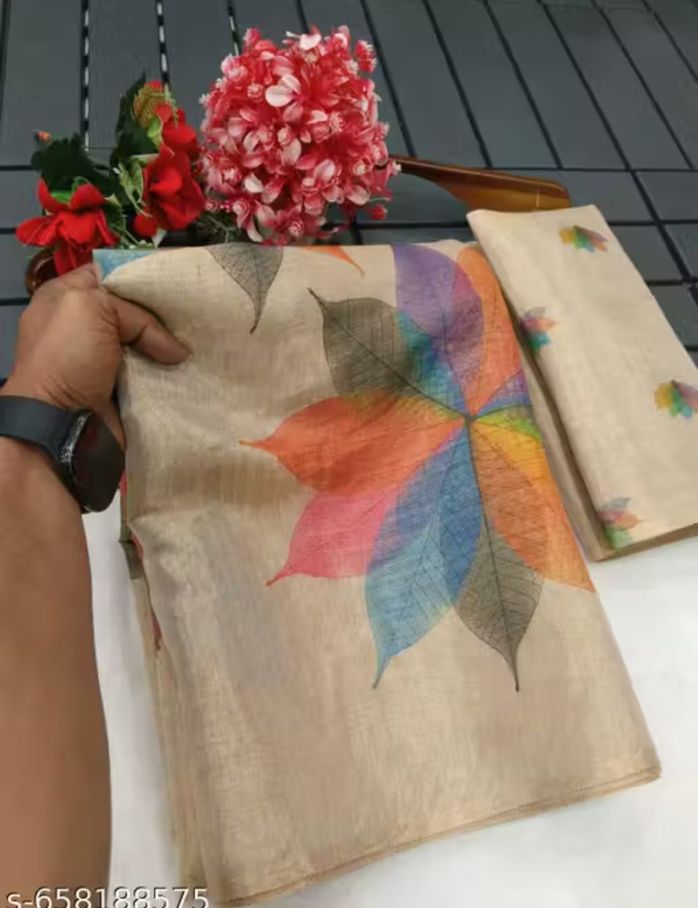 Golden floral printed tissue saree