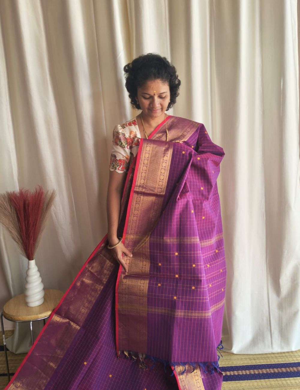 Chettinad cotton saree with zari border and buttas( Purple)