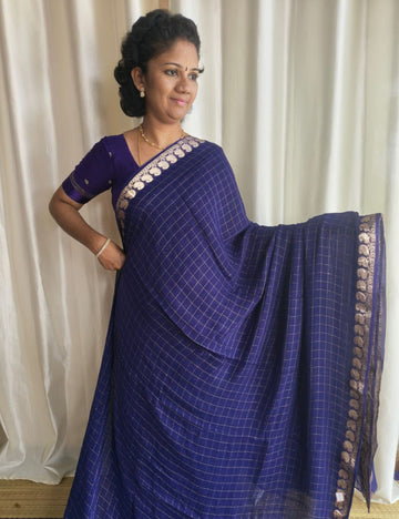 Premium Viscose Georgette Saree checks zari With Dola Viscose Blouse Voilet