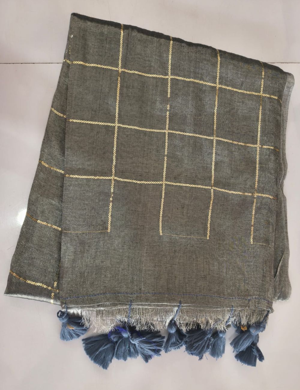 Mulmul Sequence Grey tissue Saree with beautiful tussels
