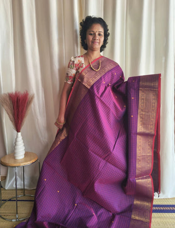 Chettinad cotton saree with zari border and buttas( Purple)