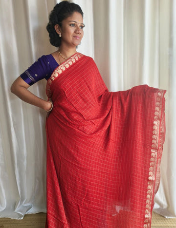 Premium Viscose Georgette Saree checks zari With Dola Viscose Blouse Red