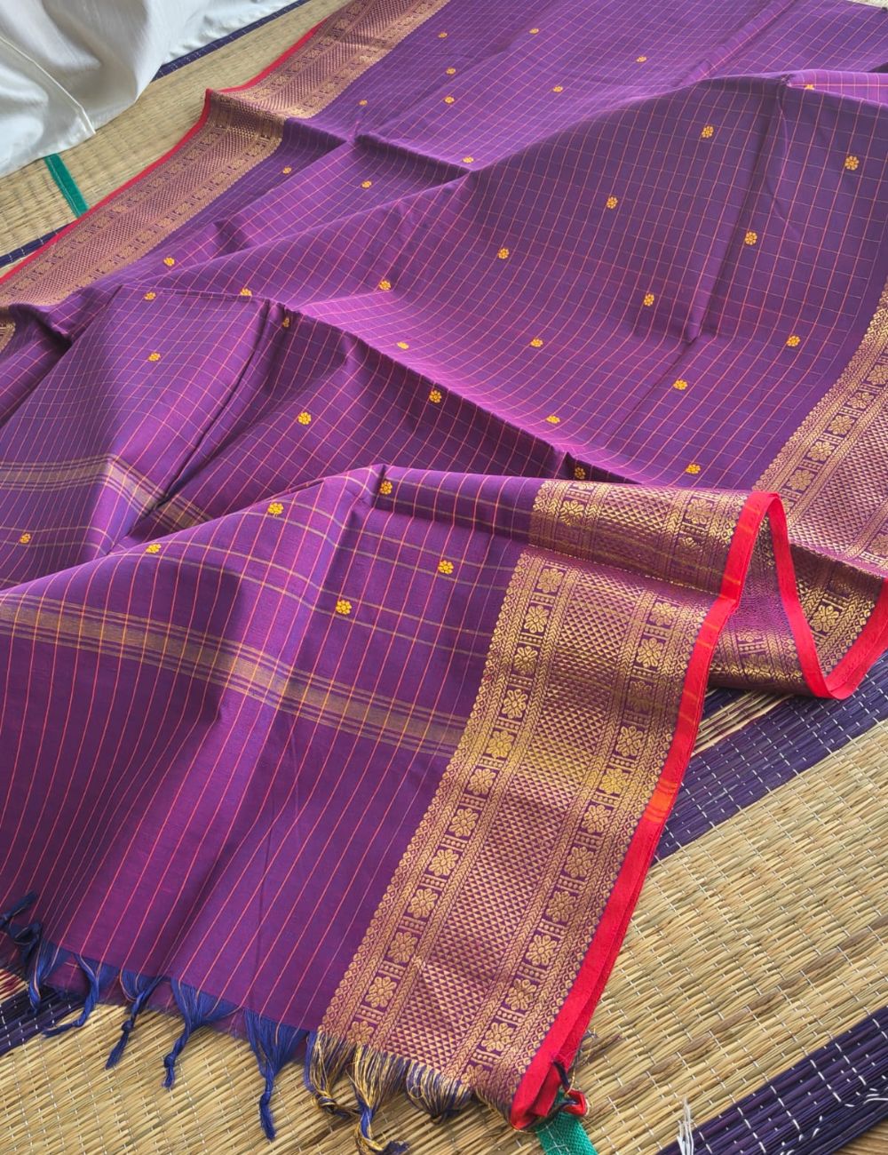 Chettinad cotton saree with zari border and buttas( Purple)
