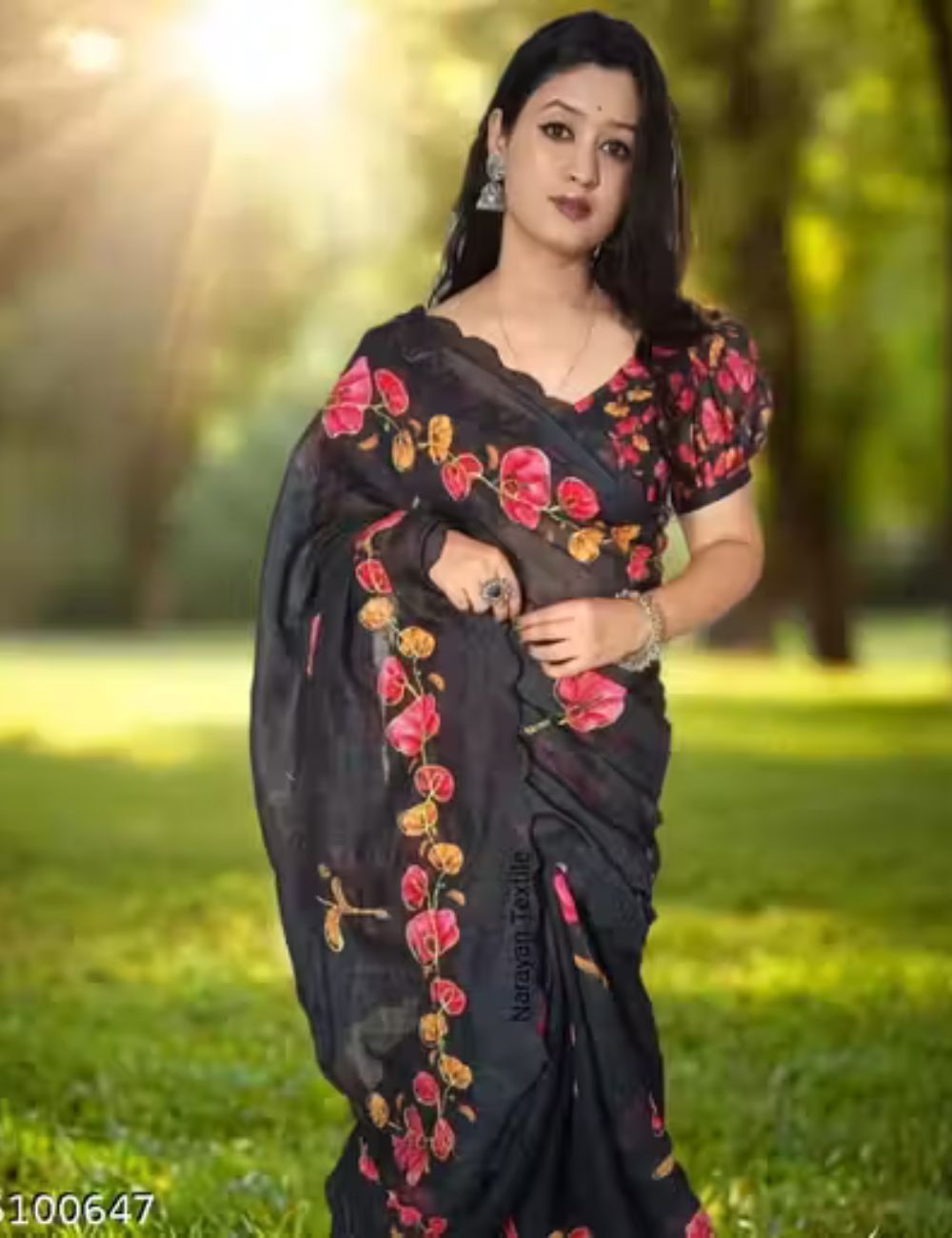 Black Linen cotton saree with scallop and kantha work border