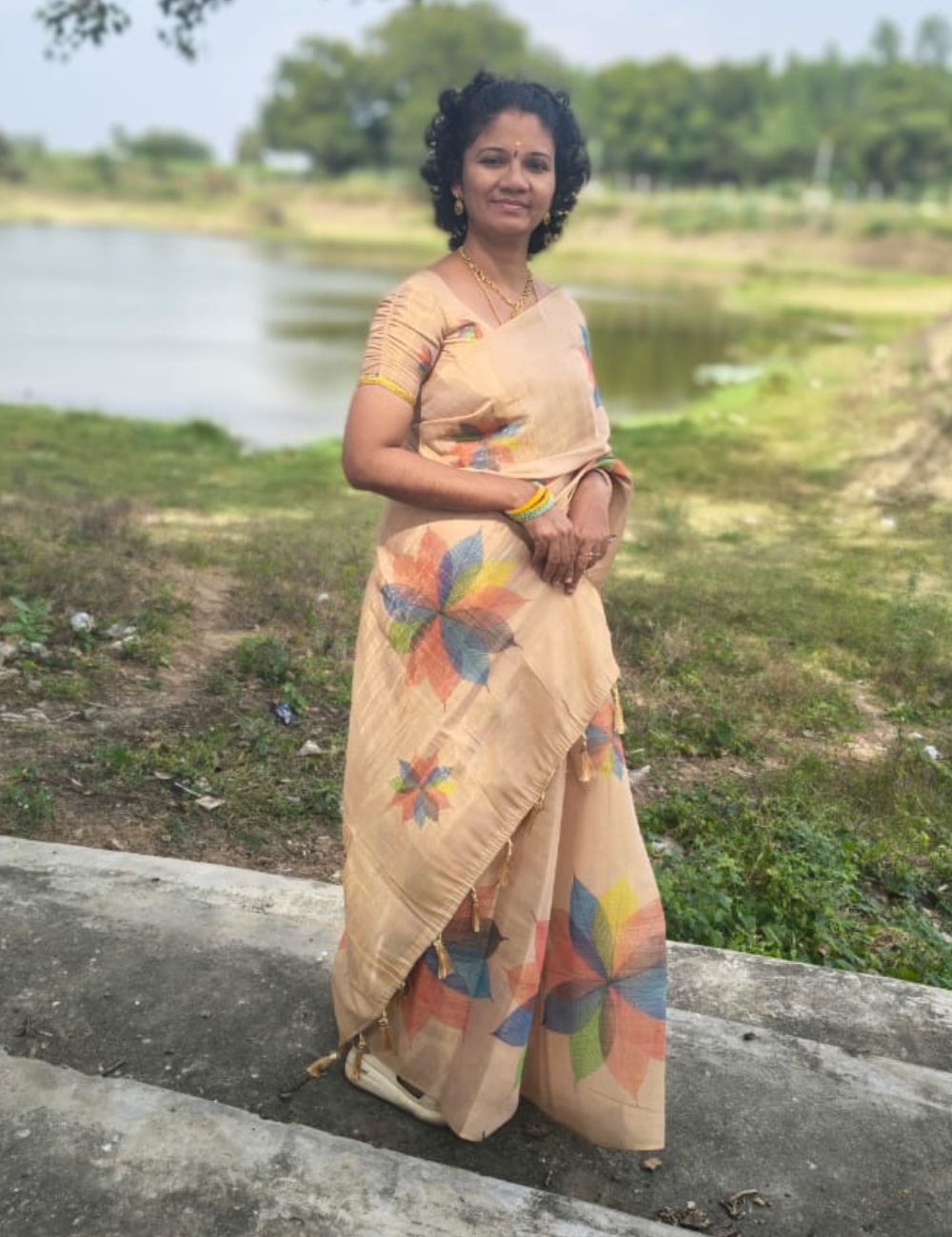 Golden floral printed tissue saree