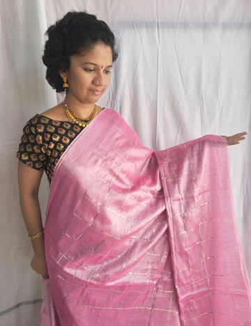 Mulmul Sequence Tissue Baby pink sarees with beautiful tussels