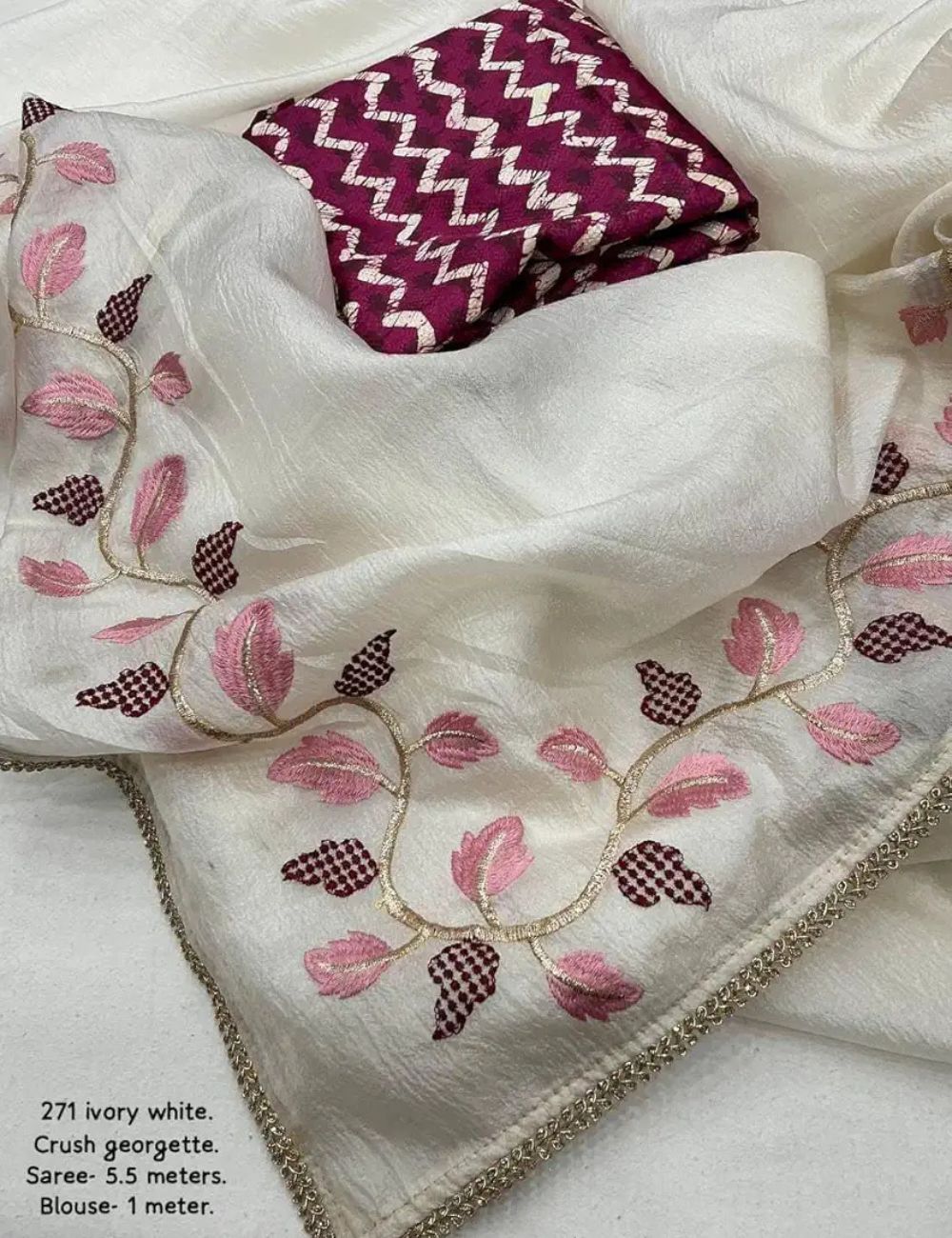 Crush georgette embroidery saree Ivory white and purple