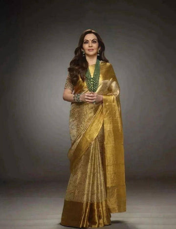 Nita Ambani inspired tissue silk with emboss weaving plain border - Pure gold
