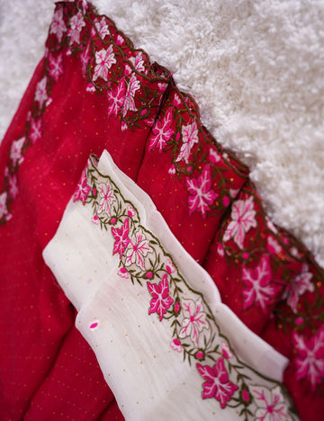 Pinkish Red and White embroidery crunchy crush chiffon saree