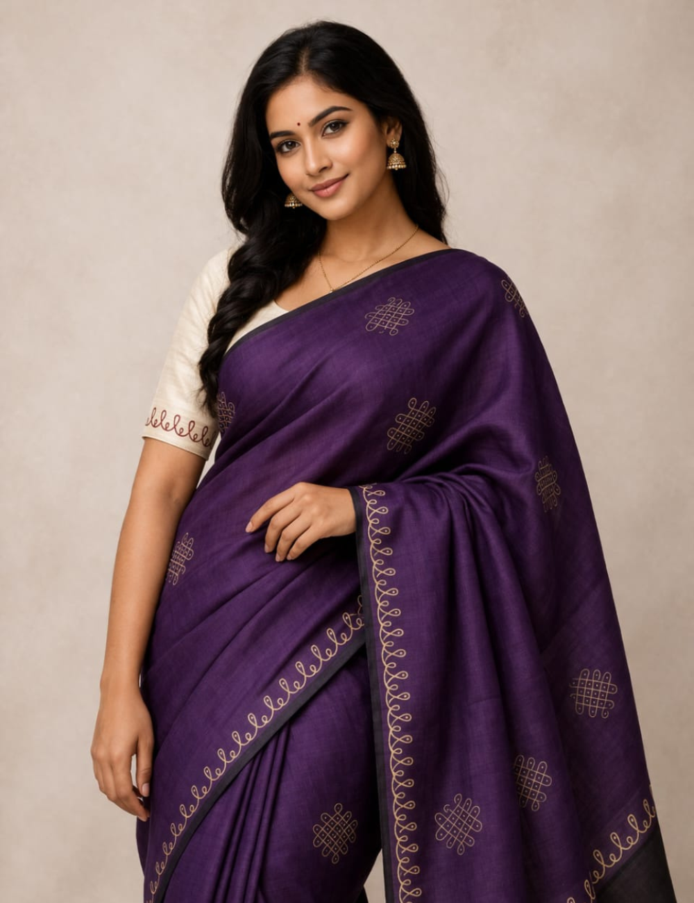 Deep Royal Purple Kolam printed Bamboo cotton saree