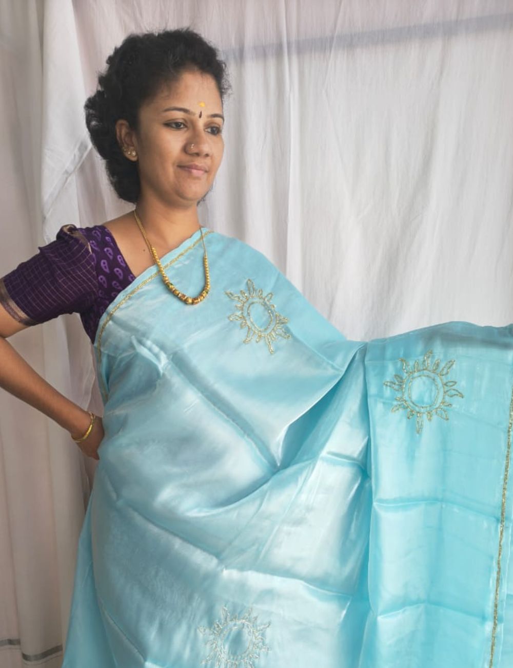 Sky blue Designer Organza Saree with Blouse Piece Elegant Lightweight Ethnic Outfit