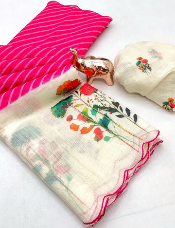 Pink color scalloped kantha work linen saree with contrast blouse