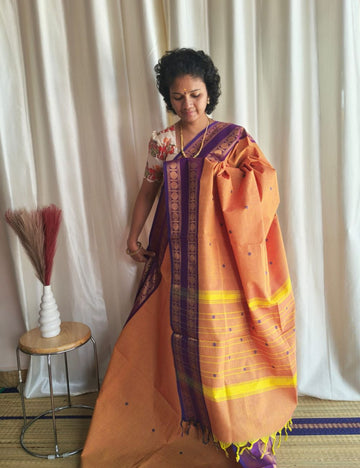Chettinad cotton saree with zari borders and buttas