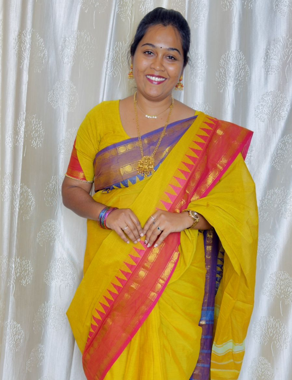 Mustard yellow-Chettinad Cotton plain Saree with Retta petta Ganga Jamuna Border