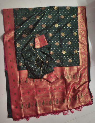 Bottle green and pink colour Banarasi silk sarees