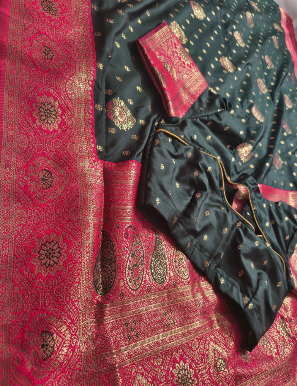 Bottle green and pink colour Banarasi silk sarees