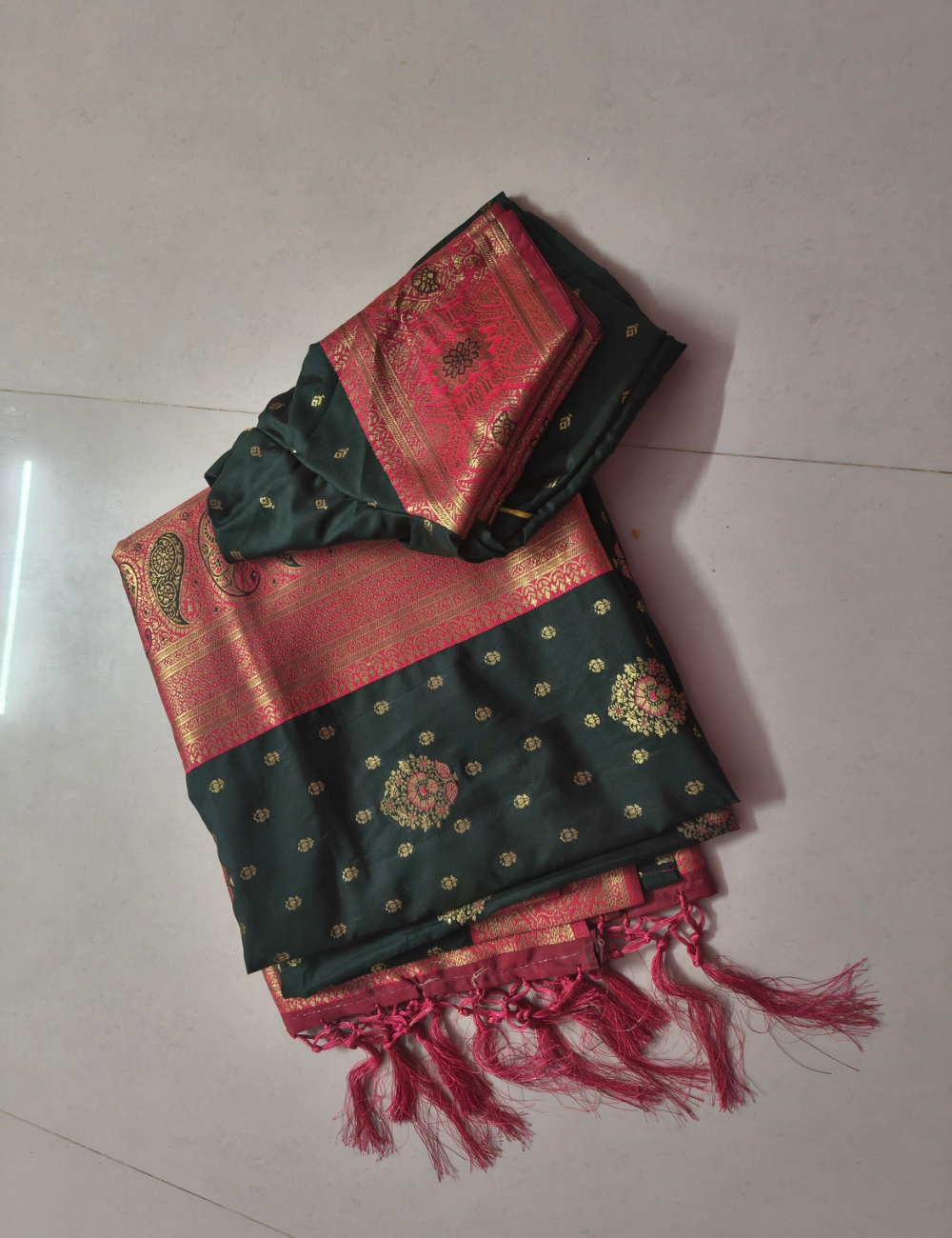 Bottle green and pink colour Banarasi silk sarees