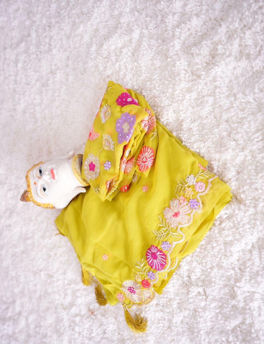 Yellowish green color Embroidery premiun chiffon saree