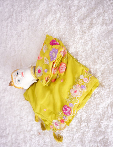 Yellowish green color Embroidery premiun chiffon saree
