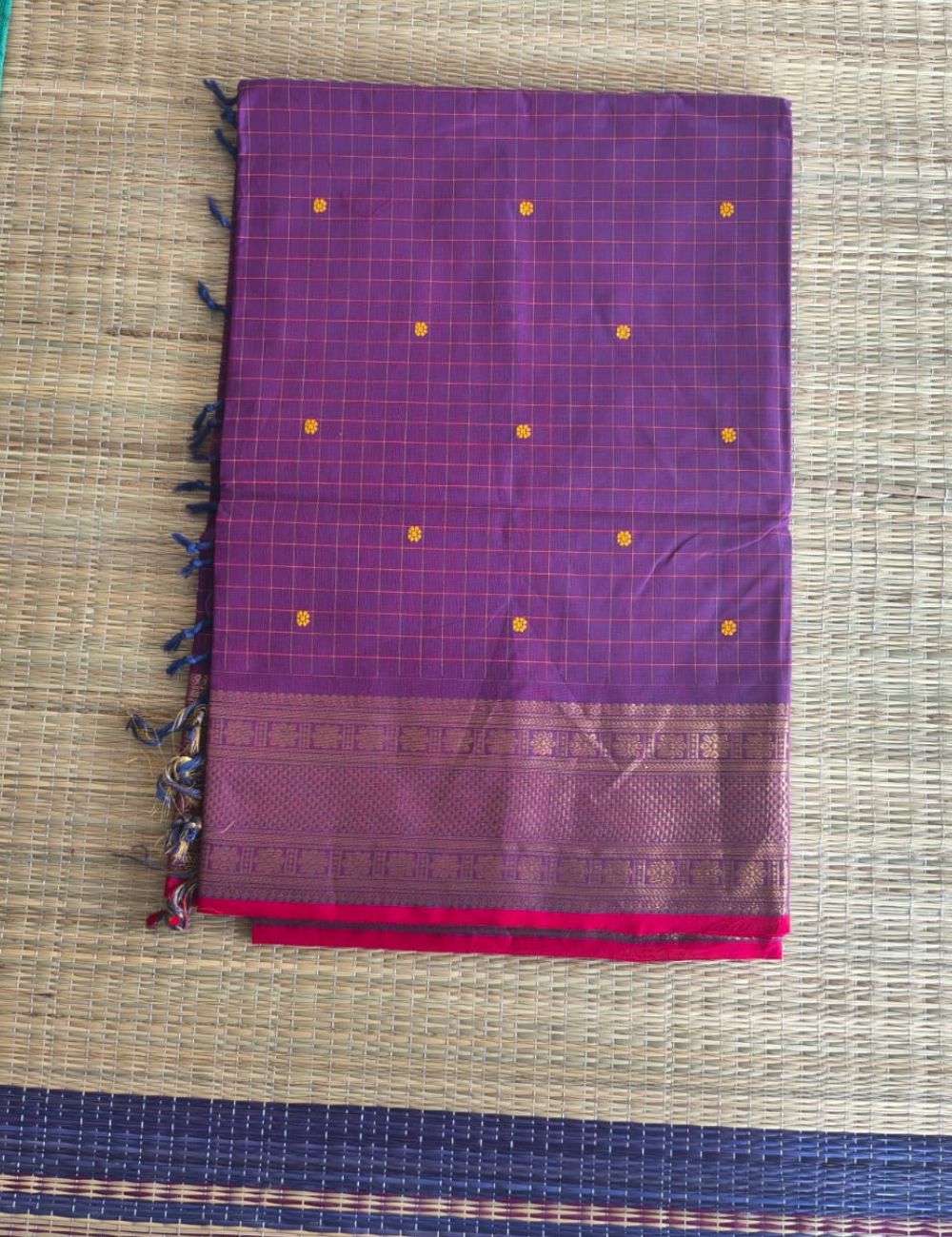 Chettinad cotton saree with zari border and buttas( Purple)
