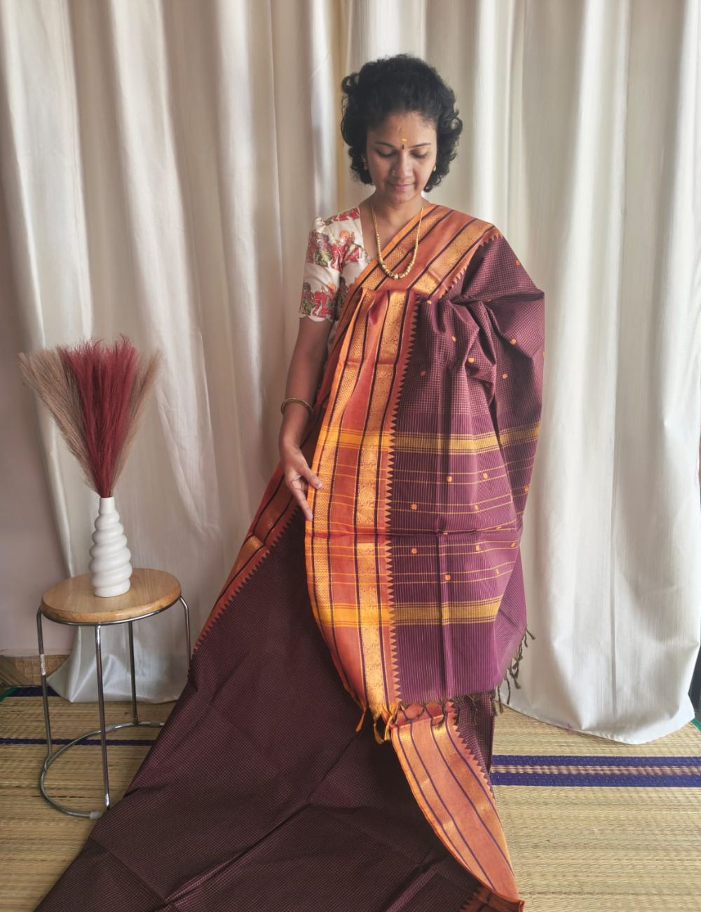 Chettinad cotton saree with zari border and buttas