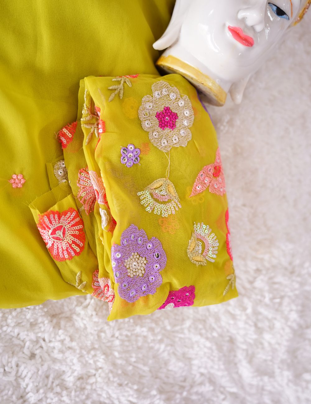 Yellowish green color Embroidery premiun chiffon saree