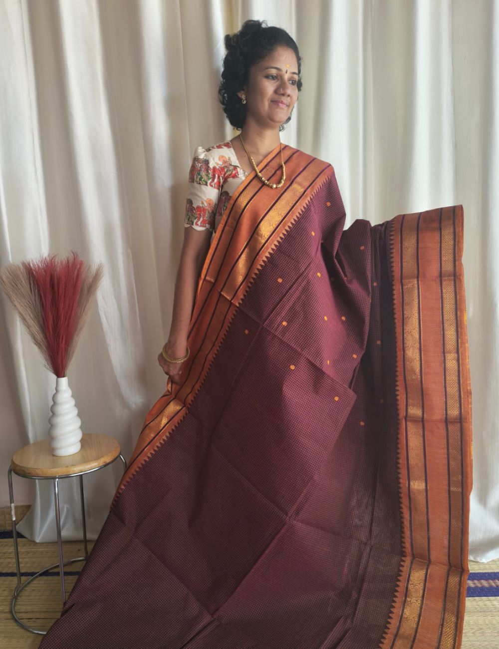 Chettinad cotton saree with zari border and buttas