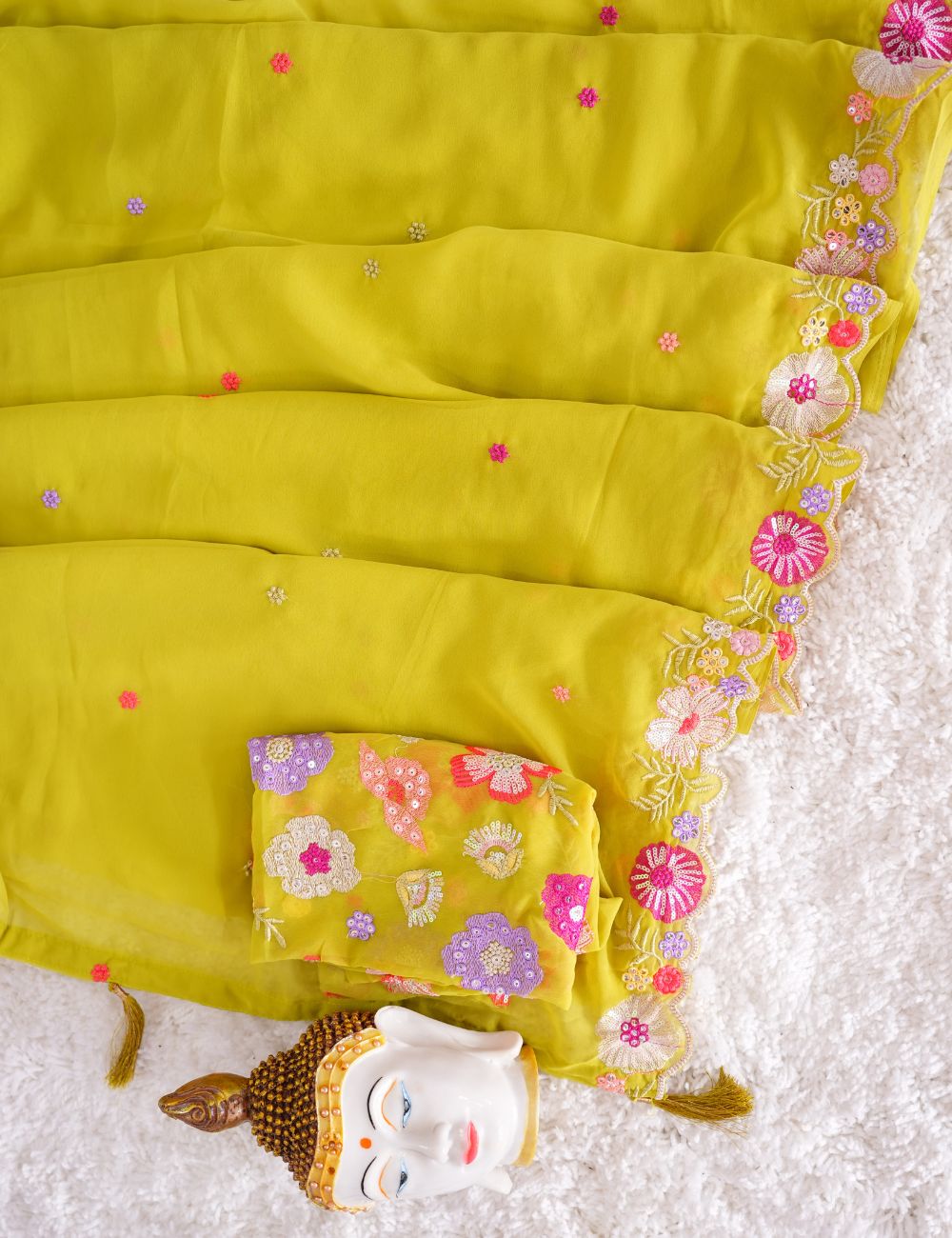 Yellowish green color Embroidery premiun chiffon saree